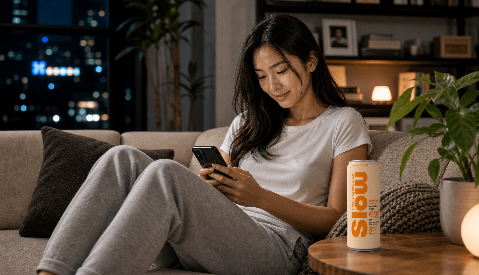 Young woman relaxing on a couch with SLOW Oolong Citrus Grape nearby