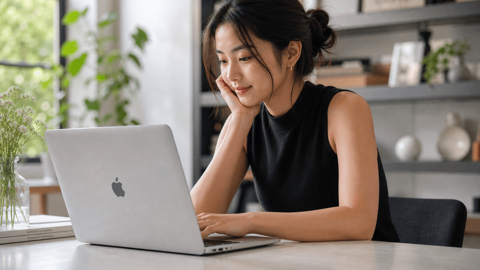 Young woman working on a laptop at home