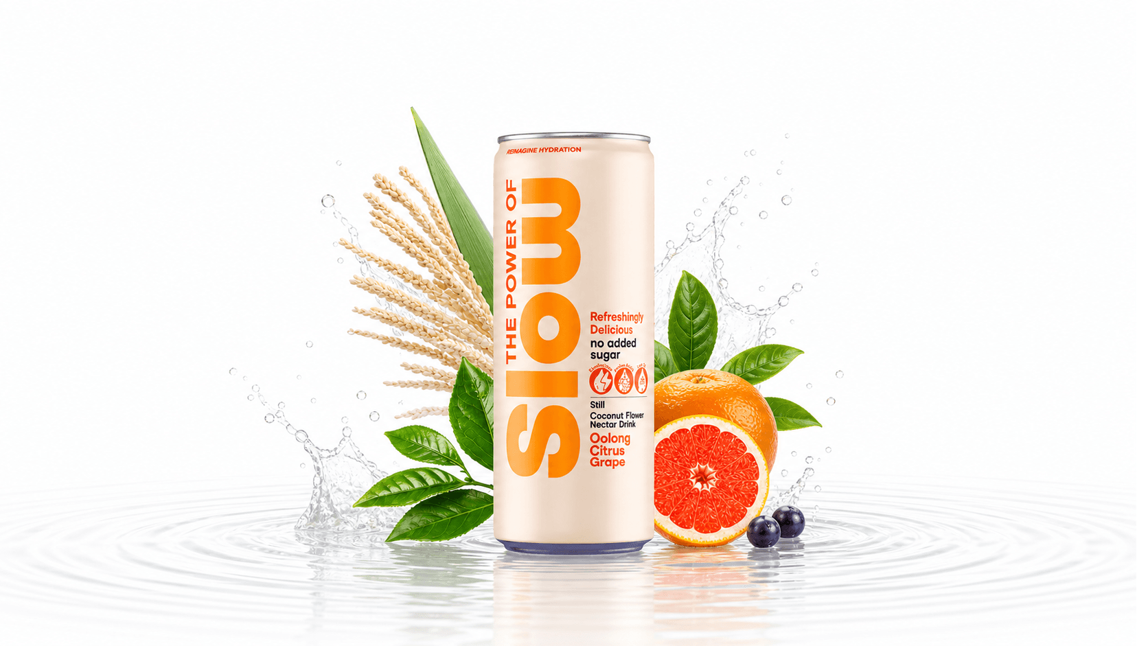 SLOW Oolong Citrus Grape can with citrus, tea leaves, coconut flower grains, and water splash